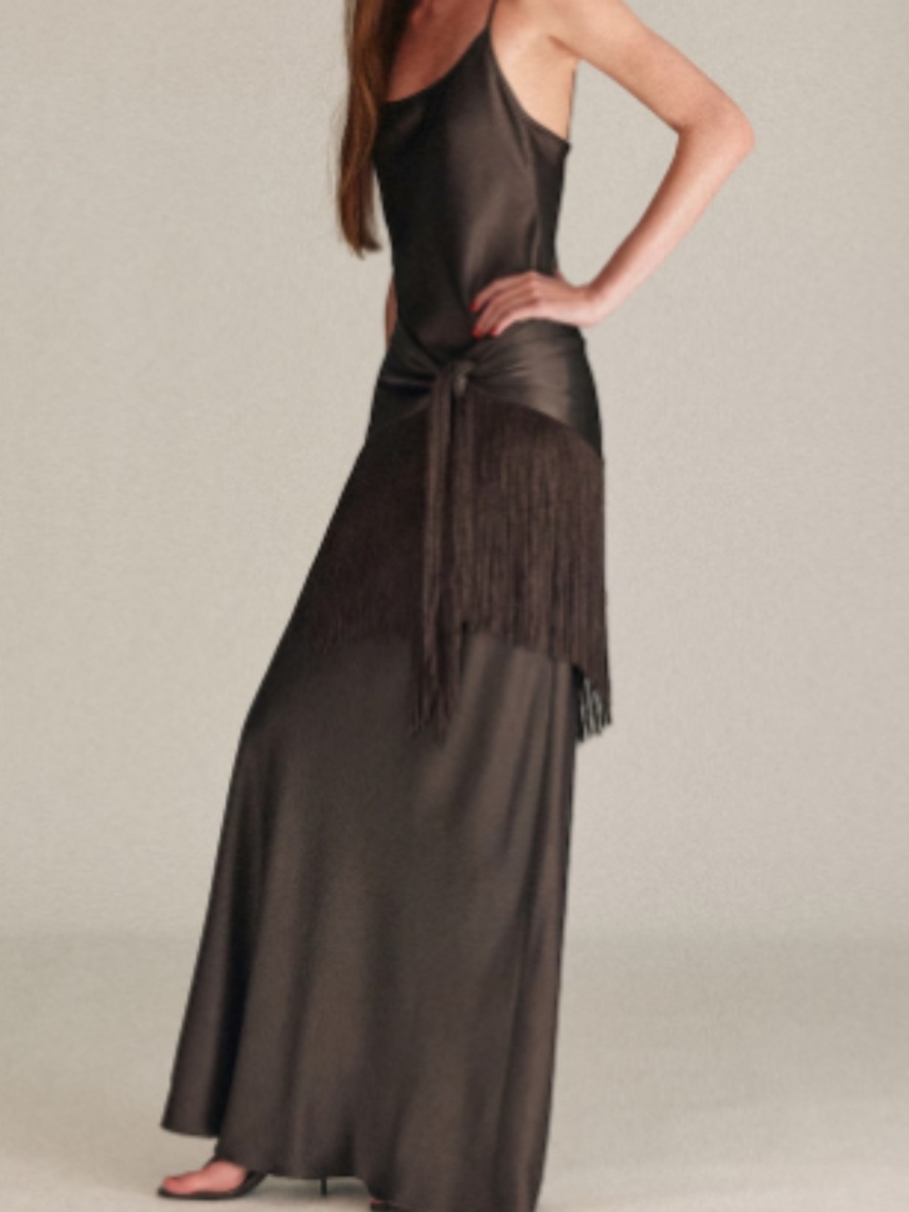 MANGO CAPSUUL SATIN BANDANA FRINGE DRESS BROWN - 6